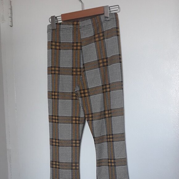 Topshop Womens' Plaid Pants, Flare Leg, Elastic Waist; Yellow/Black/White Sz 6 - Picture 5 of 10